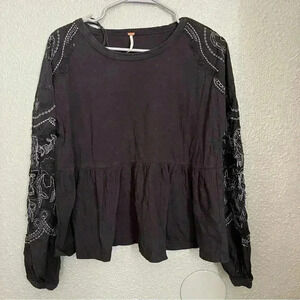 Free people black peplum embroidered longsleeve top